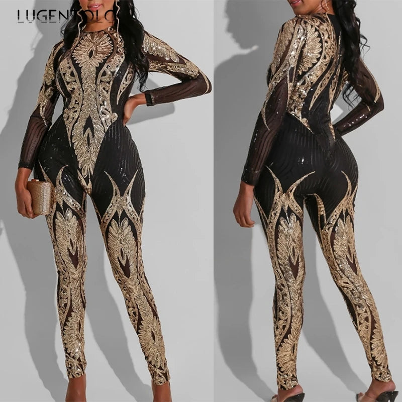 Sexy Gold Sequin Jumpsuit Women Bodycon Overalls Glitter Bandage Rompers Elegant Party Club lady Fashion Jumpsuits