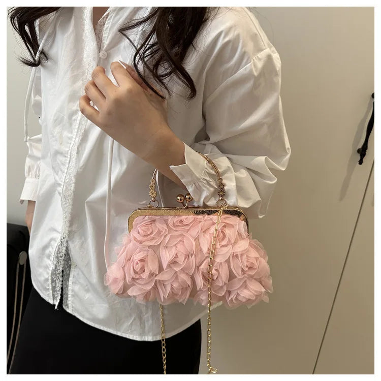 Luxury Women Chain Shoulder Bag Chiffon 3D Flower Banquet Bag Fashion Evening Bags Fashion Clutch Handbag Trendy Crossbody Bag
