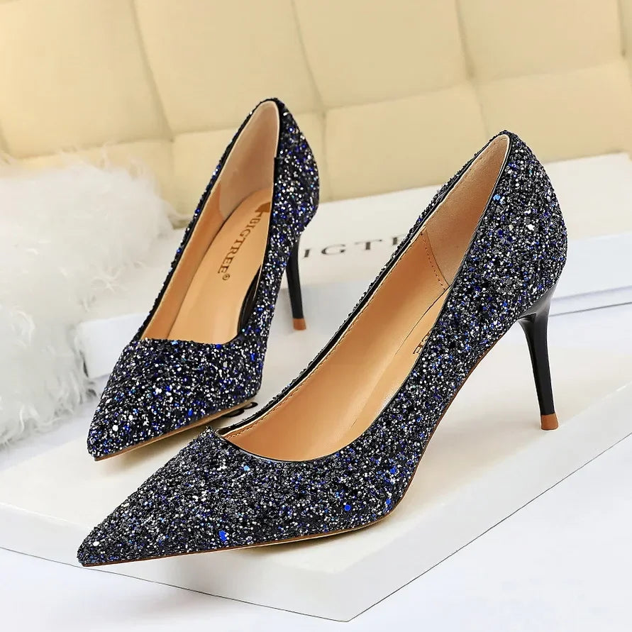 Women Luxury Bling Red  Blue Valentine Party Scarpins Pumps Lady Glitter Sequins 7cm 9.5cm High Heels Designer Shoes Plus Size