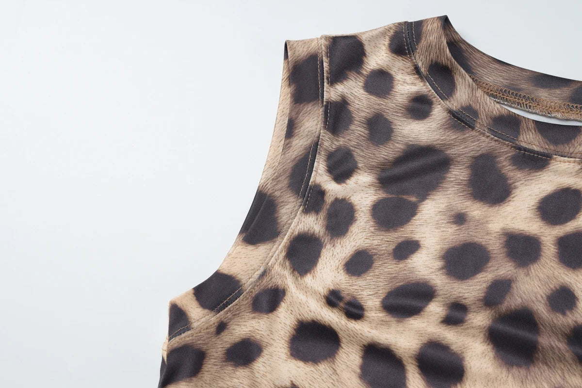 Dulzura Summer Fashion Sexy O-Neck Sleeveless Shirring Leopard Print T-Shirt Women'S Casual Versatile Y2K Top Party Club Clothes