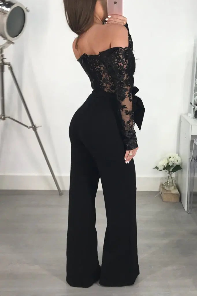 Womens Elegant Off Shoulder Long Pants Wide Leg Jumpsuits Floral Embroidery Lace See Through Cocktail Club Party Evening Rompers