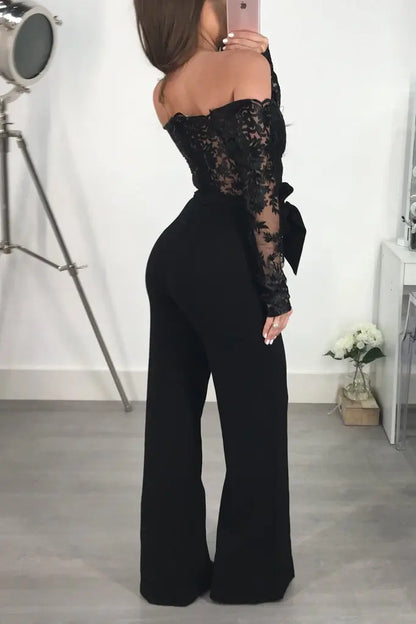 Womens Elegant Off Shoulder Long Pants Wide Leg Jumpsuits Floral Embroidery Lace See Through Cocktail Club Party Evening Rompers