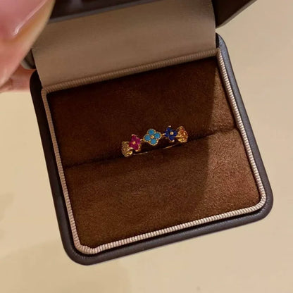 925 Sterling Silver Colorful Four-Leaf Petal Ring for Women Light Luxury, High-End, Trendy Fashion Fine Jewelry Gifts