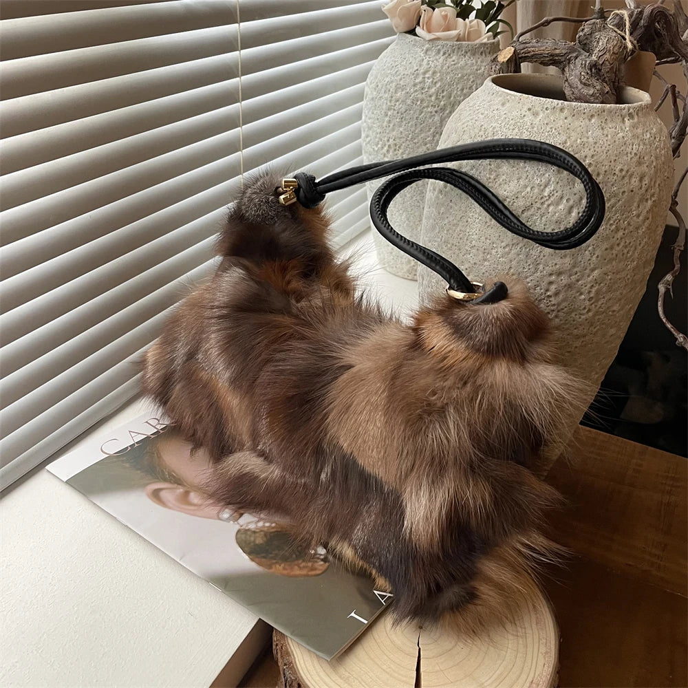 Winter Warm Fox Fur Shoulder Hobo Bags For Women Latest Luxury Designer Purses And Handbags Elegant Evening Bag For Dinner Party