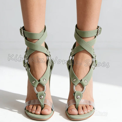T-Tied Ankle Strap Sandals Belt Buckle Leather Women Shoes Clip-Toe Thin Heels Fashion Luxury Elegant Concise Novelty Summer New