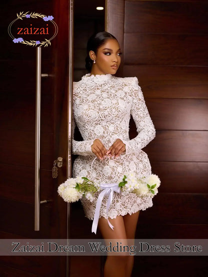 Customized High Neck Mini Bride Party Gown Full Sleeves   Short Wedding Dresses Lace Appliques Brides Dress Vestidos De Novias