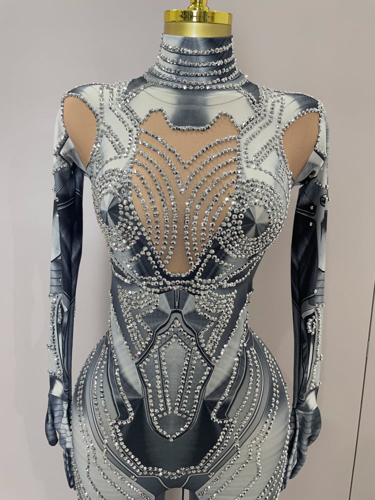 2025 New Trendy Women Sexy Rhinestones Printed Skinny Jumpsuit High Street Performance Dance Costume Bar Club Show Stage Wear