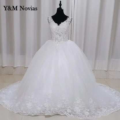Y&M Vestido De Noiva Buttom V Neck Sleeveless Wedding Dresses For Women Ivory white Lace Romantic Bride Bridal Gown Customized
