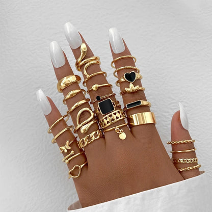 Boho Gold Color Rings Set For Women Fashion Cubic Zircon Heart Star Moon Flower Finger Rings Female Simple Trendy Jewelry Gifts
