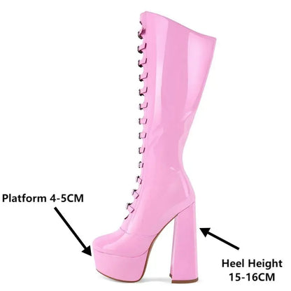 Onlymaker Women Pink Platform Multibuckle Strap Knee High Boots Big Size Comfy Female Side Zipper Mondern Boots