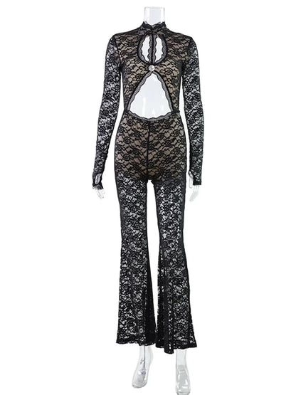 Solid Lace Jumpsuits For Women Fashion Sexy Club Long Sleeves O-Neck Hollow Out See Through Romper Female Streetwear Slim Fit