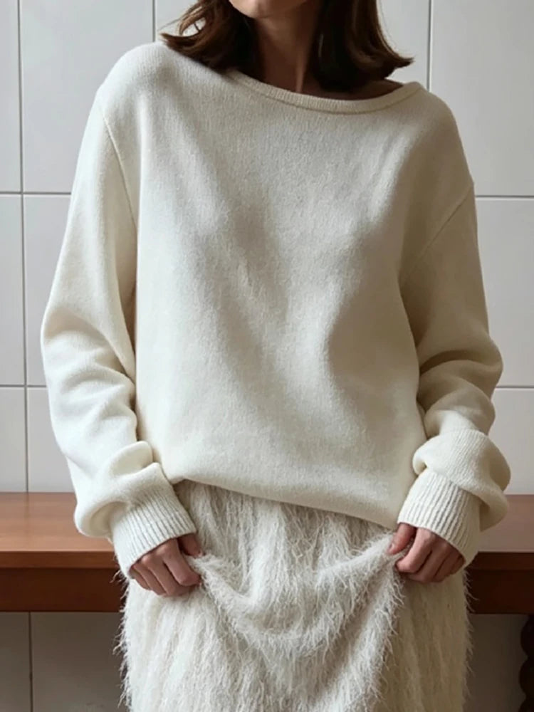 Casual Knitted Sweater Round Neck Open Back Long Sleeves Loose Pullover 2026 Autumn Fashion Daily Versatile Cardigan Top Outfit