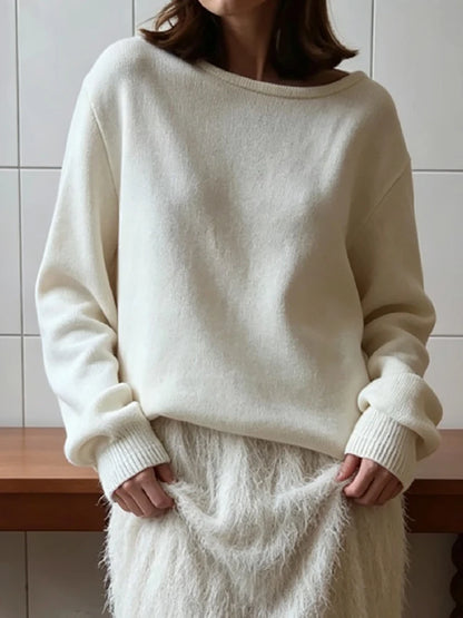 Casual Knitted Sweater Round Neck Open Back Long Sleeves Loose Pullover 2026 Autumn Fashion Daily Versatile Cardigan Top Outfit