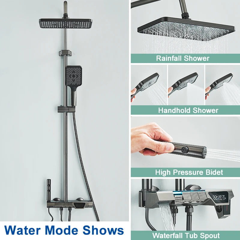 Rozin Gray Bathroom Shower Faucet Set Smart Digital Display Piano Style Rainlfall System Mixer Tap with Bidet / Hand Shower