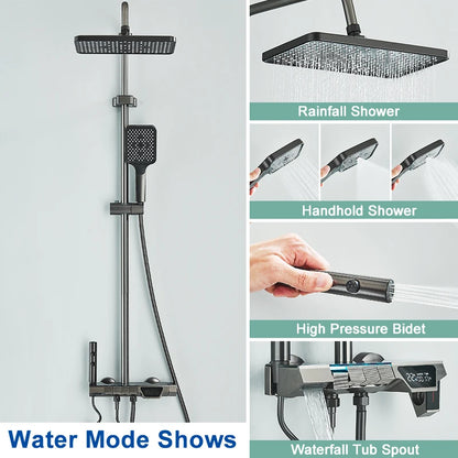 Rozin Gray Bathroom Shower Faucet Set Smart Digital Display Piano Style Rainlfall System Mixer Tap with Bidet / Hand Shower