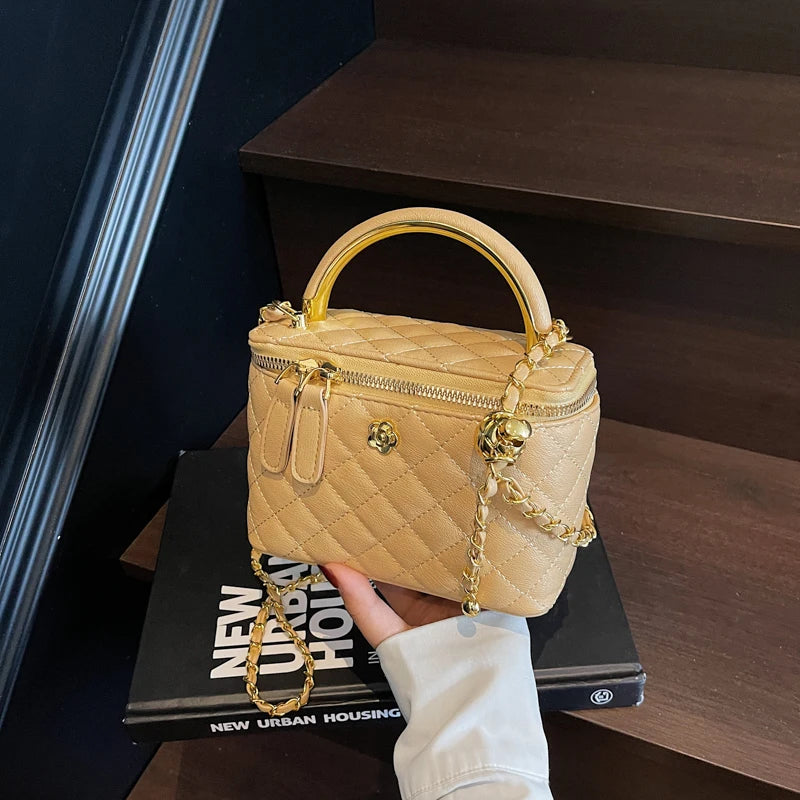 Women Luxury Shoulder Bag Diamond Quilted Metal Flower Accent Large Capacity Zipper Adjustable Strap for Daily Travel Business