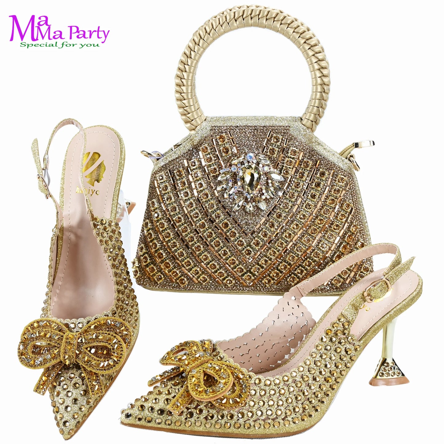 Gold Color New Arrivals Italian Design Nigerian Women Shoes and Bag Set Pointed Toe Slipper with Shinning Crystal for Party