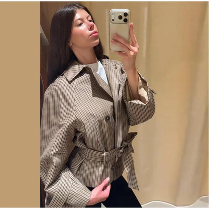 Plaid Short Trench Coat Women Lapel Collar Double Breasted Belted Waist Long Sleeve Loose Jacket 2026 Autumn Casual Chic Coats