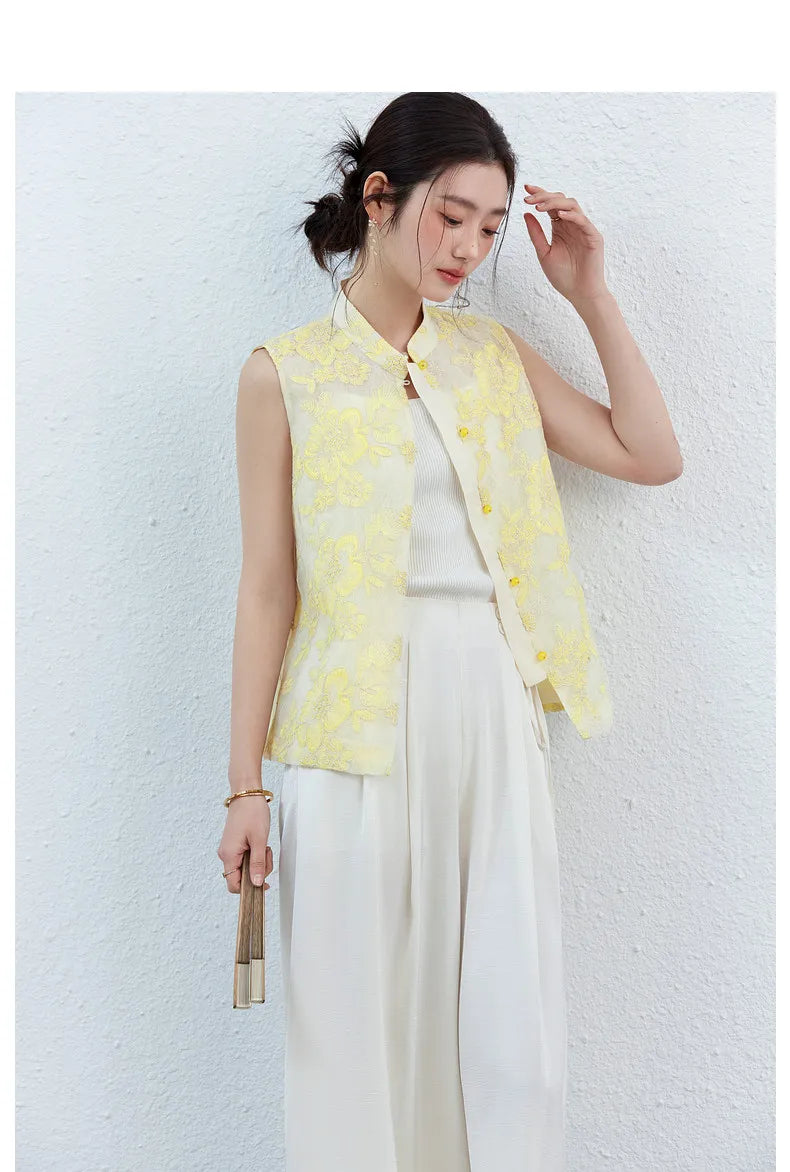 VIMLY Women's Vest 2026 Summer Casual Yellow Floral Embroidery Stand Collar New Chinese Style Sleeveless Jacket Ladies A5251