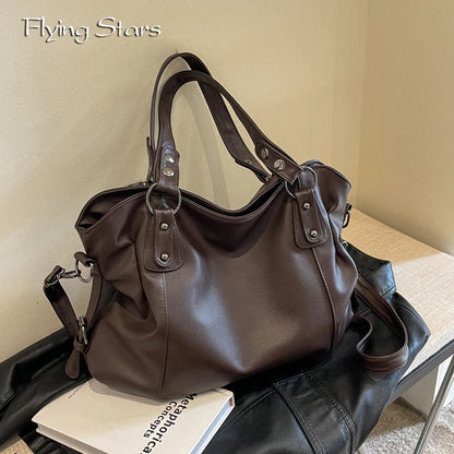 Ladies Large Capacity Brand Handbag Pu Leather Women's Retro Tote Bag Korean Fashion Shoulder Bag Winter White Zipper Handbag