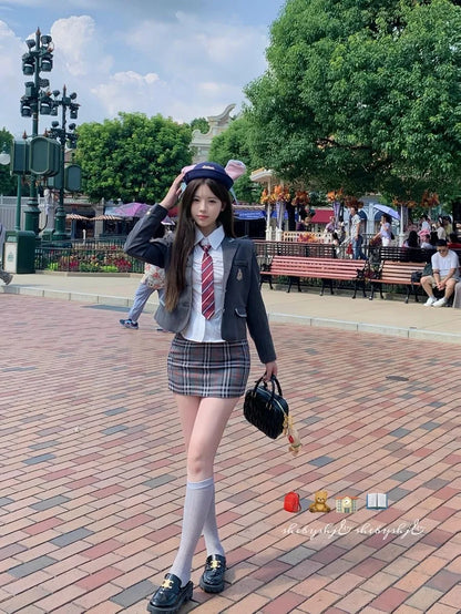Korean and Japanese JK Uniform Suits for Women Autumn and Winter New Style College Plaid Skirt Short Small Suit Waist Shirt Suit