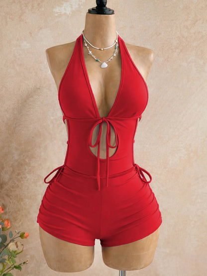 American-Style Spicy Girl Red One-Piece Jumpsuit, Halter Neck, Deep V, Backless, Tie-Waist, Slimming, Short Beach Vacation Jumpsuit