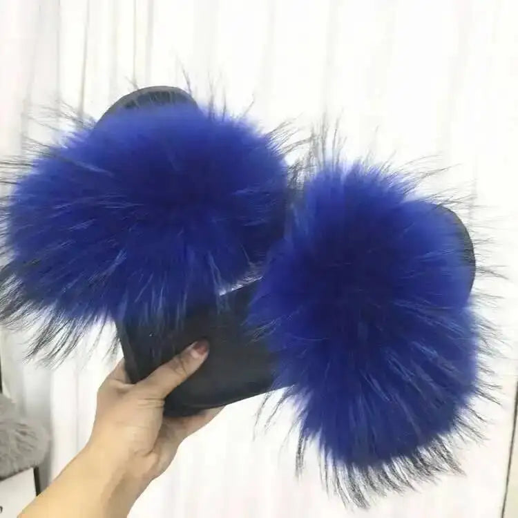 Real Raccoon Fur Slippers For Women 2026 Summer Fluffy Indoor House Fuzzy Flat Slides Outdoor Fashion Beach Sandals Flip Flops
