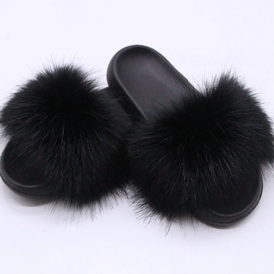 Women's  Faux Fox Fur Slides Fluffy Open Toe Slippers Indoor Outdoor Casual Flat Sandals Luxury Furry Slide Shoes for Ladies