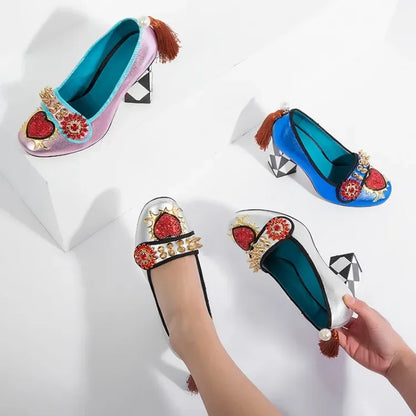 royal red heart crystal rivets Studs Pumps back pearl with tassel rhombus Square Heel Women Slip On mary jane Shoes