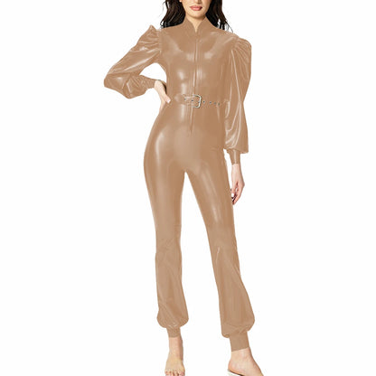 Plus Size Fashionable PVC Patent Leather Jumpsuit for Women Latex-look Clubwear Stand Collar Belt Puff Long Sleeve Slim Rompers