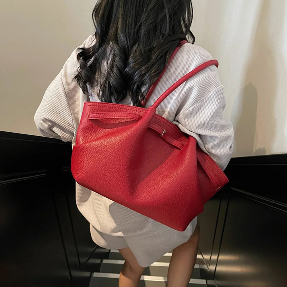 Luxury Lychee Pattern Underarm Shoulder Bags Solid Color PU Leather Women's Handbags Large Capacity Tote Bag Travel