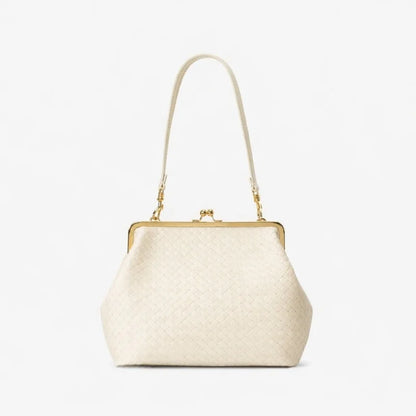 2026 Retro Leather & Straw Woven Bag – Kiss Lock Frame Shell Clutch, Large Capacity Shoulder Tote for Commute Beach Evening