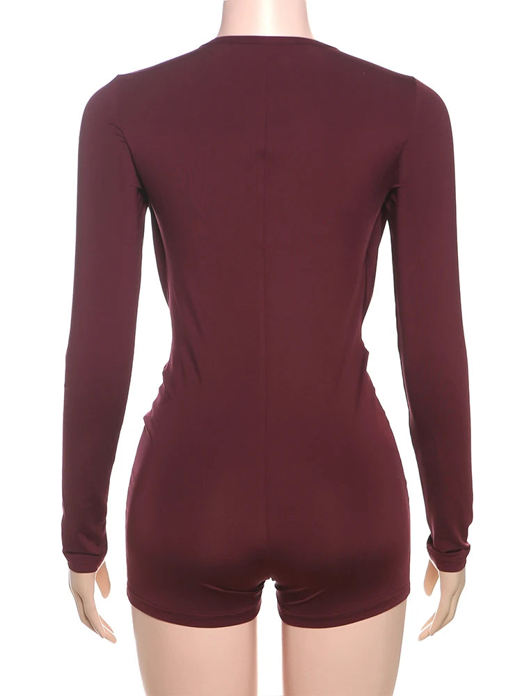 Sisterlinda Swinging Neck Playsuits Women Solid Metal Splice Cleavage Full Sleeve Stretch Sexy Slim Romers Chic Trend Clubwear