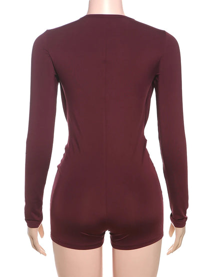 Sisterlinda Swinging Neck Playsuits Women Solid Metal Splice Cleavage Full Sleeve Stretch Sexy Slim Romers Chic Trend Clubwear