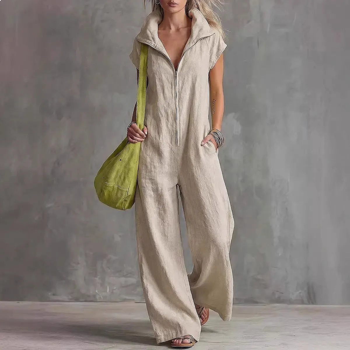 Loose Fit Jumpsuits with Pockets for Women Spring Summer Casual Linen Overall Playsuit
