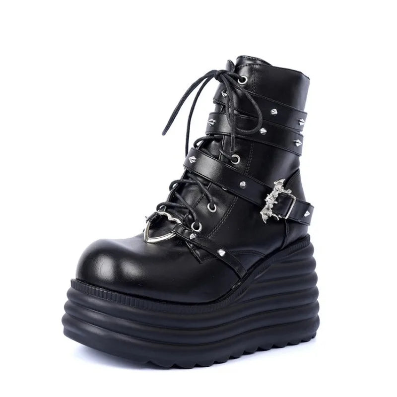 Women's Ankle Boots Round Toe High Platform Wedge Heel Lace-Up Side Zipper Gothic Punk Style Studded Strap Chunky Footwear 2026