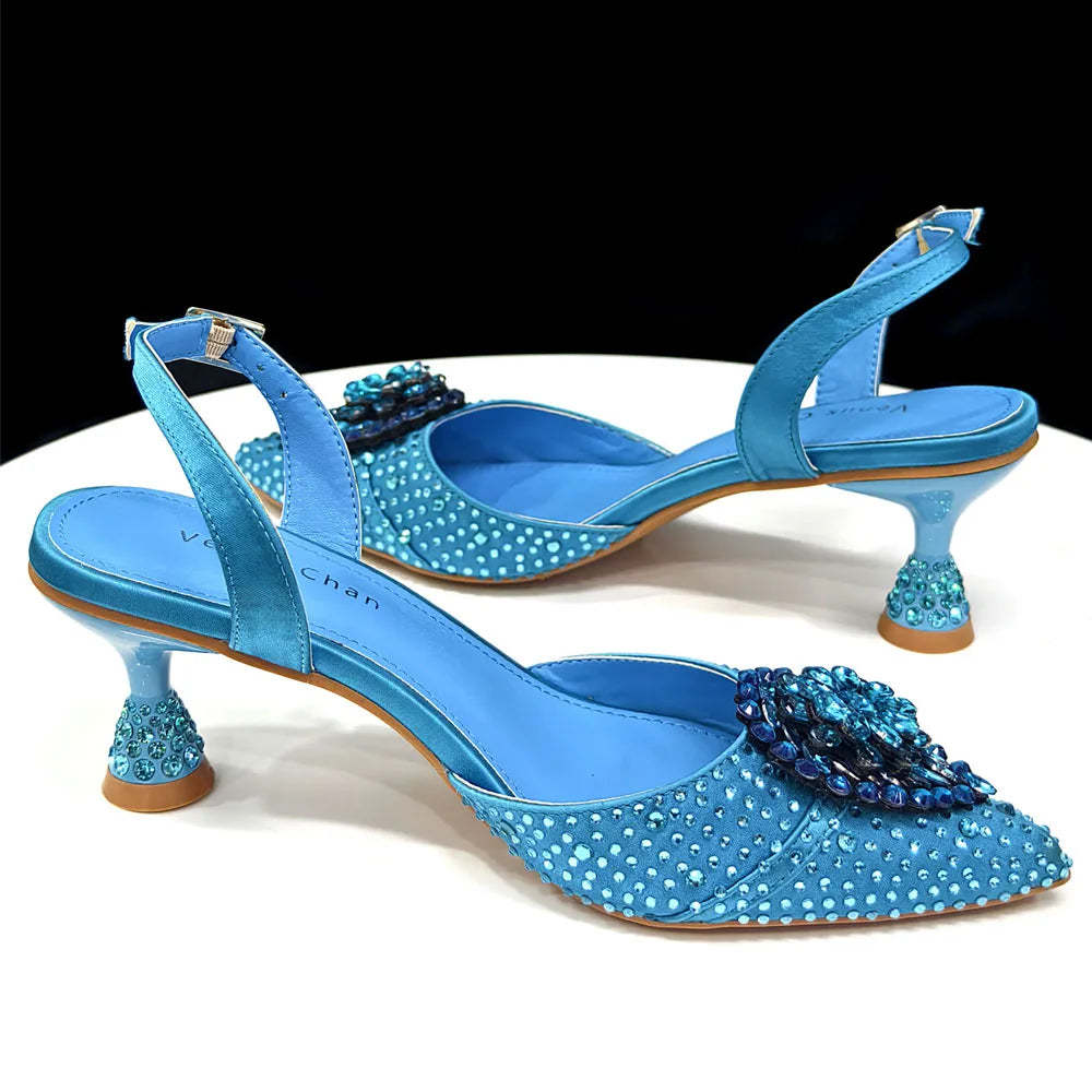 Latest Women Italian Shoes and Matching Bags Decorated with Rhinestone Elegant Pointed Toe Wedding Shoes Bride