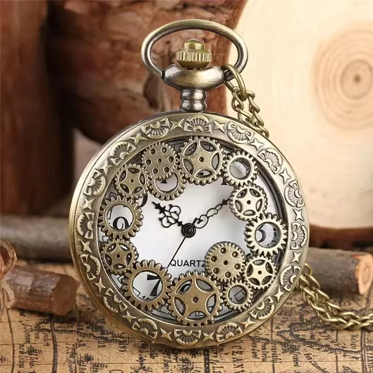 Exquisite Retro Bronze Steampunk Hollow Gear Design Quartz Pocket Watch with Necklace Chain Leisure Pendant Gift Men's Clock