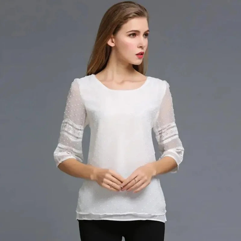 Womens Tops Fashion  Blouse Half Sleeve Chiffon Shirts Lace Stitching