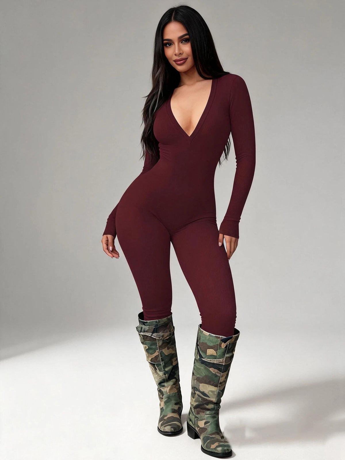 Women High Stretch Ribbed Knit Long Sleeve Jumpsuit Deep V Neck Slim Fit Tight Full Length Bodysuit Pants Casual Club Outfit