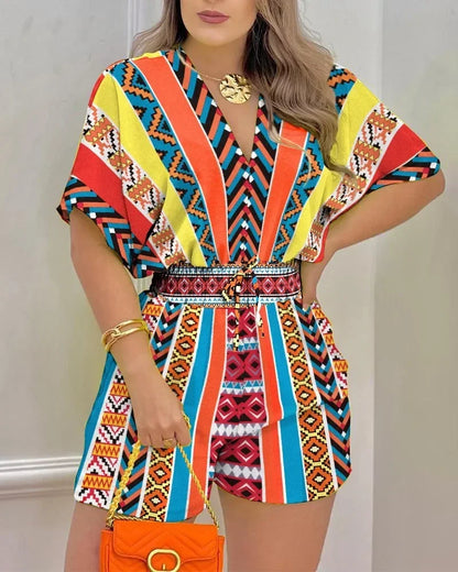 Rompers Elegant Women Short Sleeves Jumpsuits 2024 Summer Female Overalls Loose Casual Print Waist Wrapped One Piece Shorts