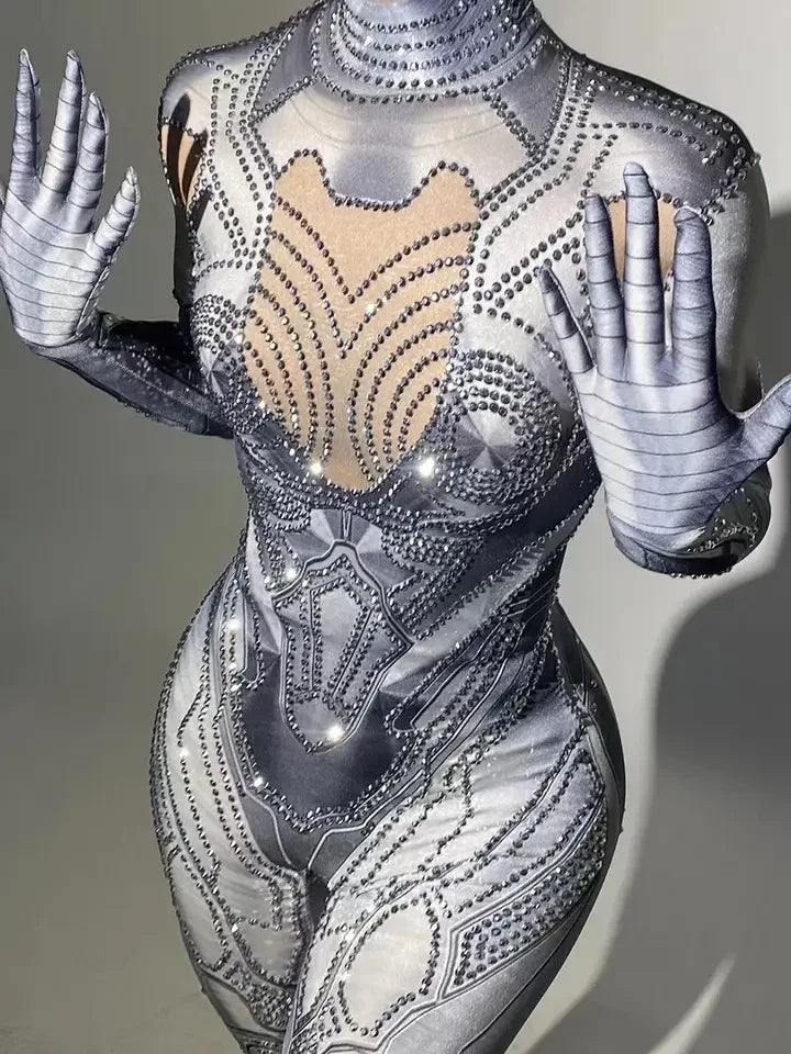 Sexy Stretchy Performance Dance Nightclub Rompers Singer Stage Wear  Gloves for Women Costume Sparkly Rhinestones Jumpsuit