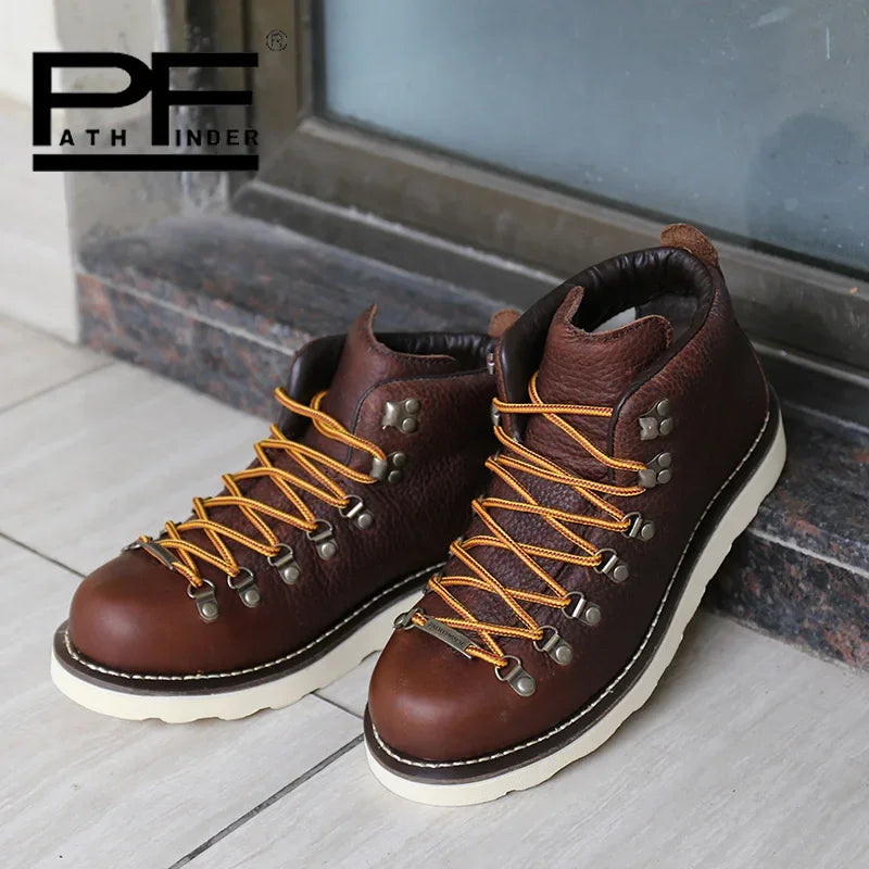 pf Fashion Genuine Leather Motorcycle Boots Men's Hiking Work Boots Women Ankle Western Boots Non-slip Round Toe