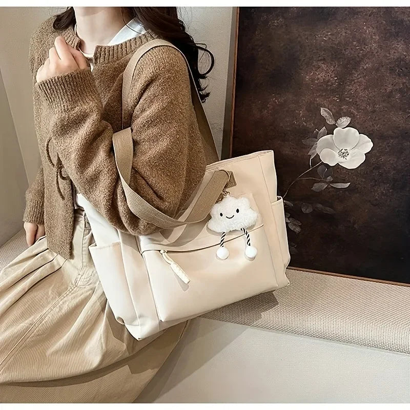 Multi Compartment, Zipper Closure, Women's Bags Large Capacity Japanese Style Tote Bag, Cute Plush Fixed Strap, Casual Elegance