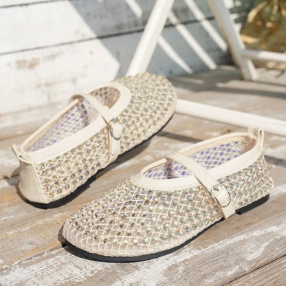 Women's Mary Jane Shoes Luxury Brand Casual Single Shoes Women's Rhinestone Plus Size Womens Round Head Buckle Beach Flat Shoes