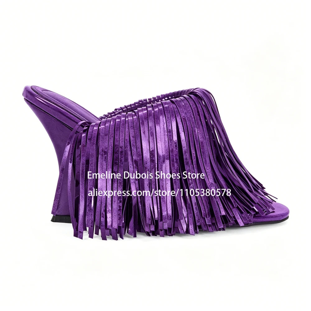 Blue Patent Leather Fringe Wedge Heel Mules Open Peep Toe Slip On Irregular Heel Sandals Nightclub Party Runway Shoes for Women