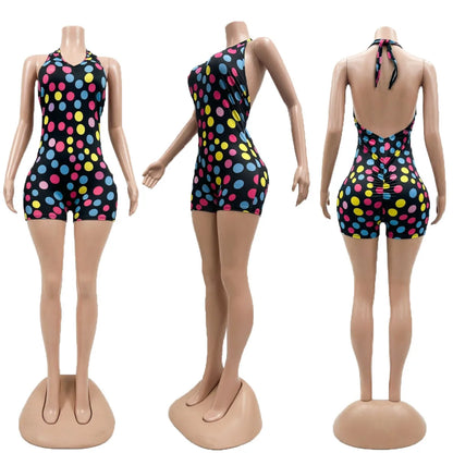 Sexy Polka Dot Backless Jumpsuits 2026 Summer Clothes Women One Piece Elegant Luxury Bodycon V Neck Halter Top Jumpsuit