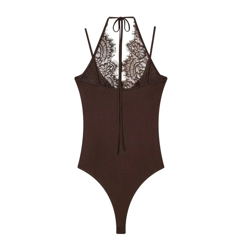 Women's Bodysuit 2026 New Fashion Summer Black Spliced Lace Bodysuit for Women Elegant Chic Personality Spaghetti Strap Bodysuit
