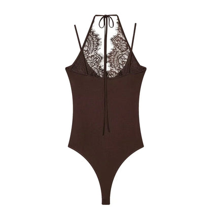 Women's Bodysuit 2026 New Fashion Summer Black Spliced Lace Bodysuit for Women Elegant Chic Personality Spaghetti Strap Bodysuit