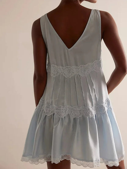 Women's A-Line Dress V-Neck Sleeveless Lace Trim Tiered Flared Casual Daily Wear Dress Stylish Ladies Frock